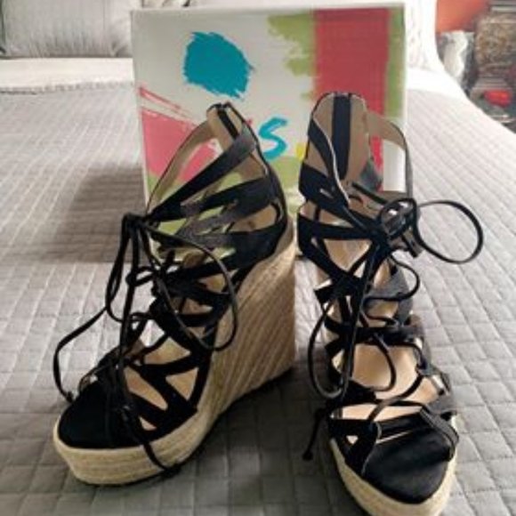 Black Suede Lace up Wedge Heels Peep Toe Platform - Picture 2 of 5